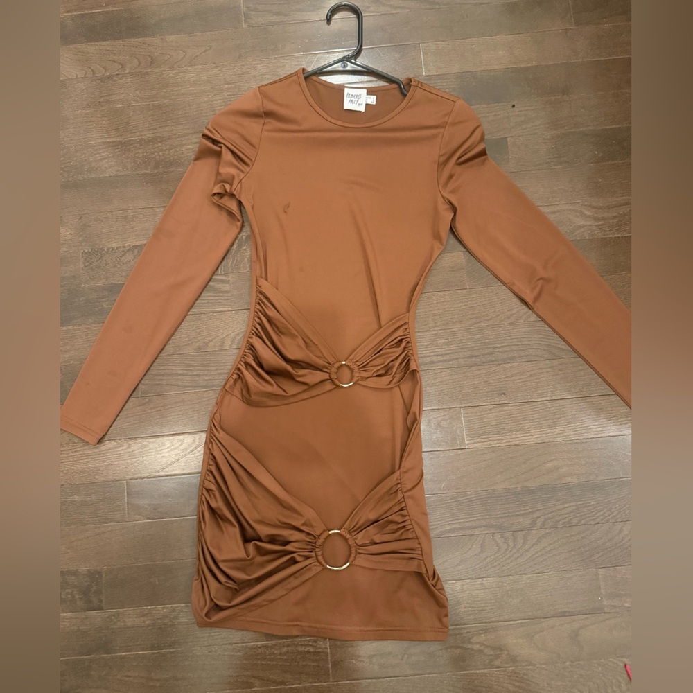 Size 0, Princess Polly fitted mini brown ruched dress